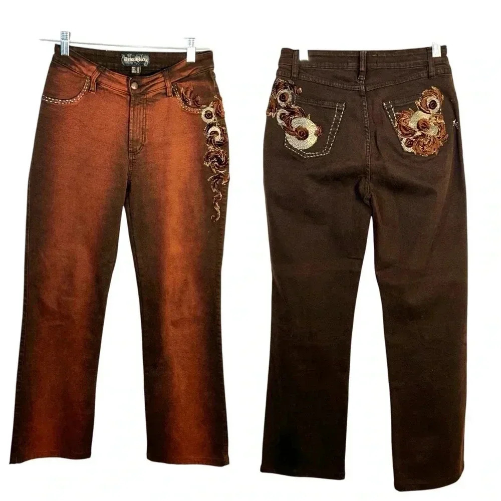 Brazil Roxx Jeans Women US 6 (26x28) Rust Brown Embroidered Boho Denim 3D Velour
